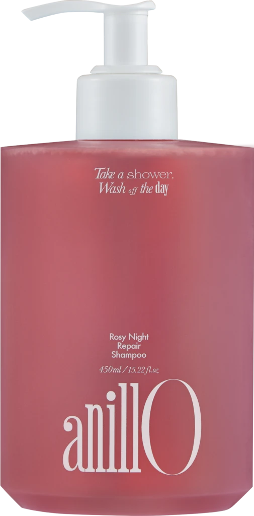 Pink pump bottle of Rosy Night Repair Shampoo with white pump; text reads 'Take a shower, Wash off the day' and 'Rosy Night Repair Shampoo' (450 ml); product image focusing on bottle.