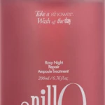 Pink bottle labeled 'Rosy Night Repair Ampoule Treatment' with white cap; tagline 'Take a shower. Wash off the day' (200 ml).