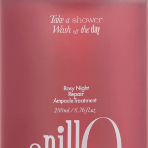 Pink bottle labeled 'Rosy Night Repair Ampoule Treatment' with white cap; tagline 'Take a shower. Wash off the day' (200 ml).