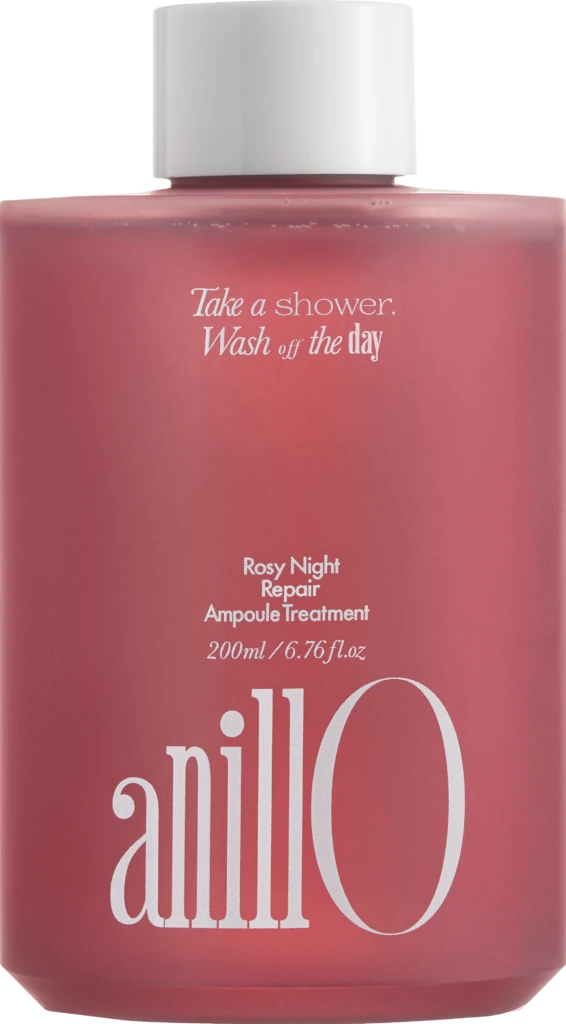 Pink bottle labeled 'Rosy Night Repair Ampoule Treatment' with white cap; tagline 'Take a shower. Wash off the day' (200 ml).