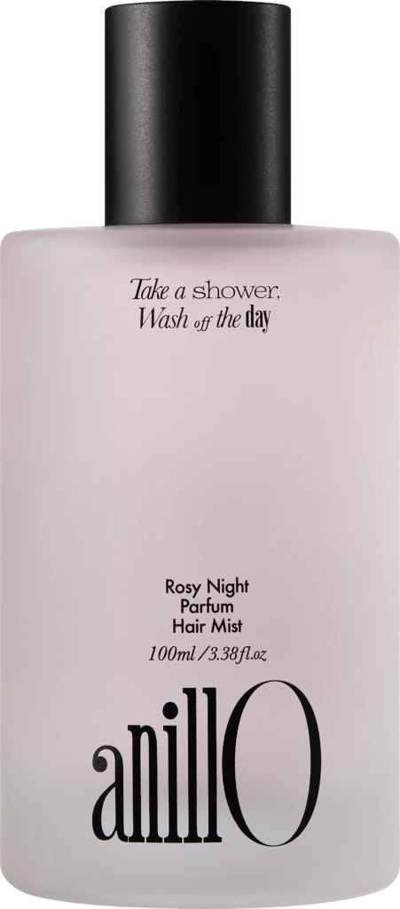 Light pink perfume bottle with a tall black cap; label reads 'Take a shower, Wash off the day' and 'Rosy Night Parfum Hair Mist, 100 ml'.