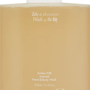 White pump bottle of Amber 528 scented hand and body wash with a peach label; slogan 'Take a shower, Wash off the day' and 450 ml capacity visible.