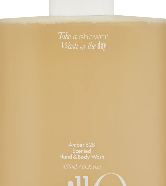 White pump bottle of Amber 528 scented hand and body wash with a peach label; slogan 'Take a shower, Wash off the day' and 450 ml capacity visible.