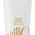White hand-cream tube with orange lettering, reading 'Amber528 Scented Hand Cream' and '50ml / 1.69 fl. oz', bottom orange cap; includes a decorative wordmark along the side and the phrase 'Take a shower, Wash off the day' near the top.