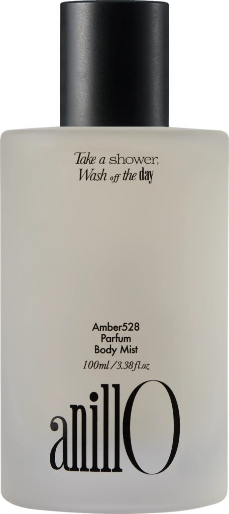 Cream perfume bottle with black cap; label reads “Take a shower, Wash off the day,” and “Amber528 Parfum Body Mist, 100ml”
