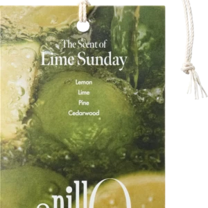 Tag advertising 'The Scent of Lime Sunday' with scent list Lemon, Lime, Pine, Cedarwood, tied with a rope loop