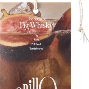 Hanging product tag for a fragrance, reads 'The Scent of Fig Whisky' with notes Fig, Whisky, Patchouli, Sandalwood; rope loop visible.