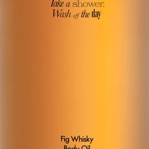 Bottle of amillO Fig Whisky Body Oil with a black cap and orange gradient label; slogan reads 'Take a shower, Wash off the day' (100 ml).