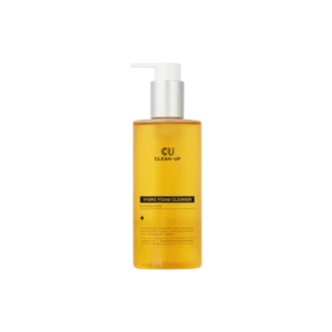 Yellow cleanser bottle with white pump against a black background; label reads 'Hydro Foam Cleanser'.
