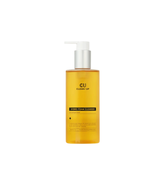 Yellow cleanser bottle with white pump against a black background; label reads 'Hydro Foam Cleanser'.