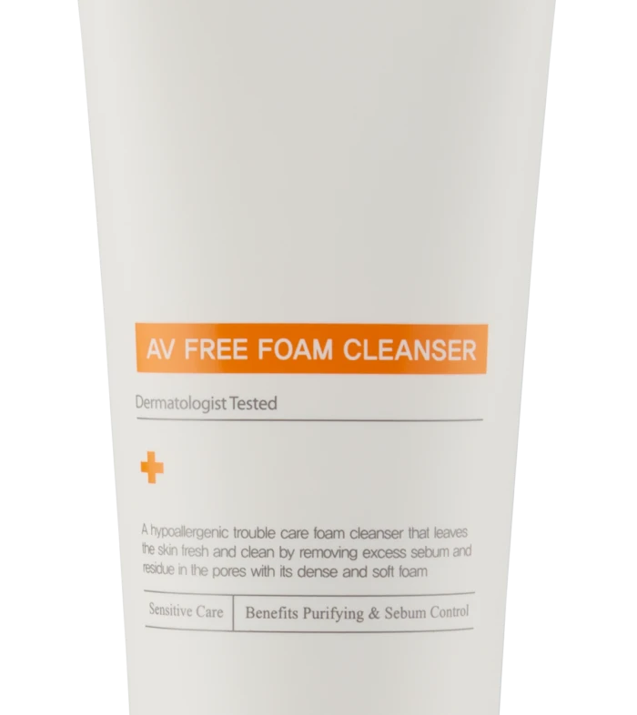 CU Clean-Up AV Free Foam Cleanser tube with orange label, white packaging, dermatologically tested for purifying & sebum control