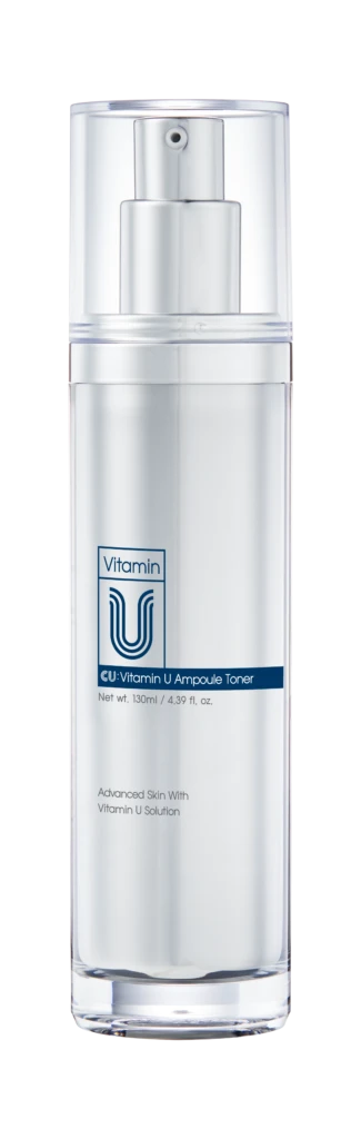 Clear cosmetic bottle with silver pump and transparent cap, labeled Vitamin U Ampoule Toner, 130 ml capacity.