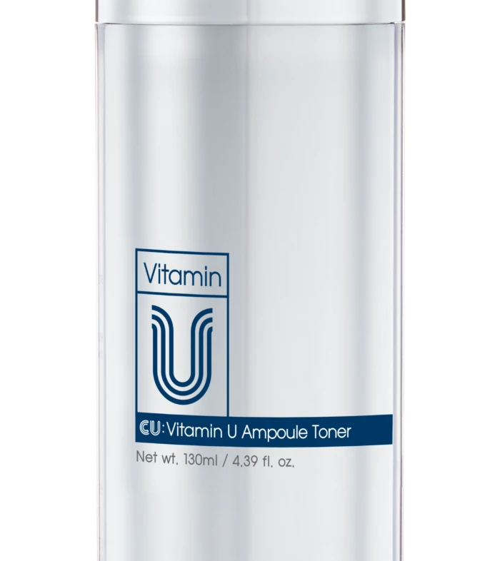 Clear cosmetic bottle with silver pump and transparent cap, labeled Vitamin U Ampoule Toner, 130 ml capacity.
