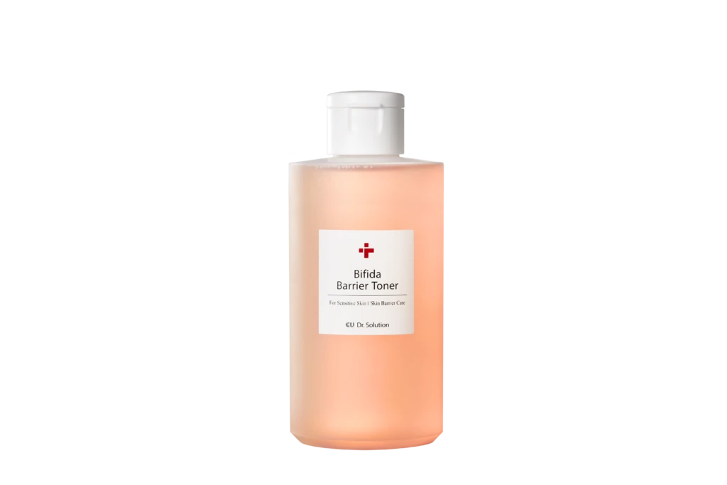 Pink bottle of Bifida Barrier Toner with a white cap and label readout, for sensitive skin.