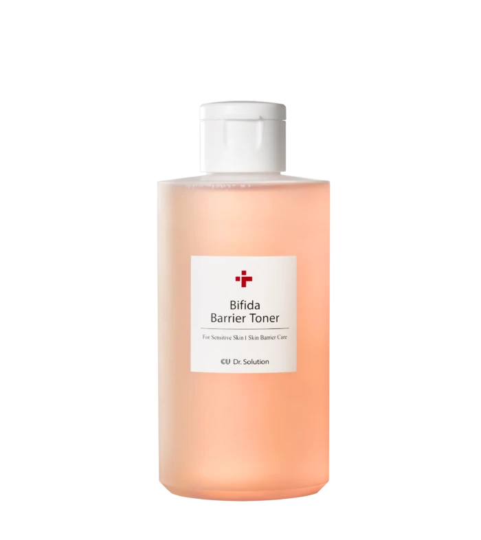 Pink bottle of Bifida Barrier Toner with a white cap and label readout, for sensitive skin.