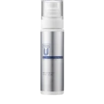 Silver cosmetic spray bottle with a clear cap, labeled 'Vitamin U Ampoule Mist,' set against a black background.