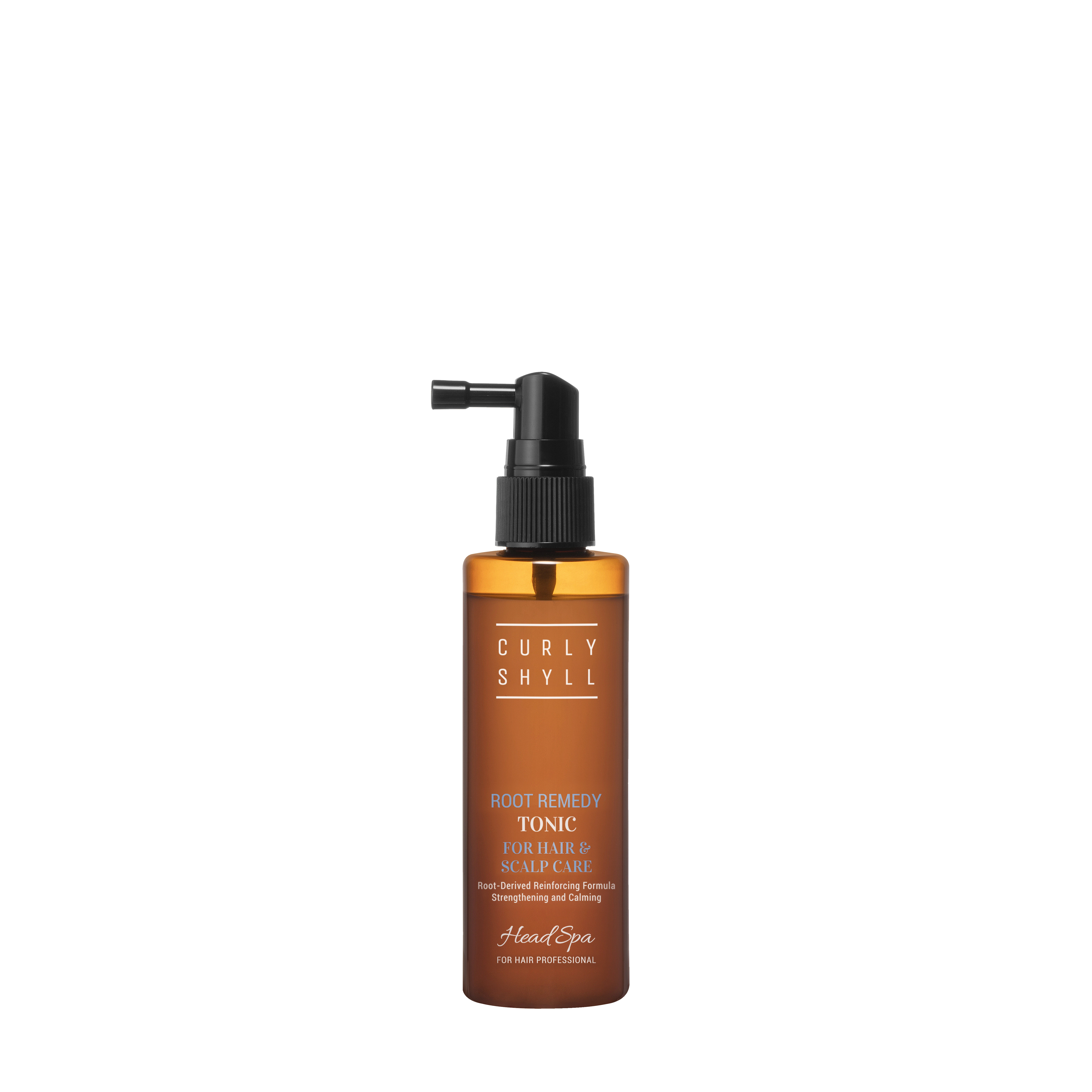 Orange bottle with black pump dispenser, showing product label reading 'CURLY SHYLL' and 'ROOT REMEDY TONIC FOR HAIR & SCALP CARE' for hair treatment.