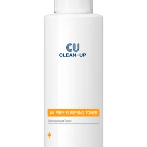White pump bottle labeled CU Clean-Up AV Free Purifying Toner against a black background.