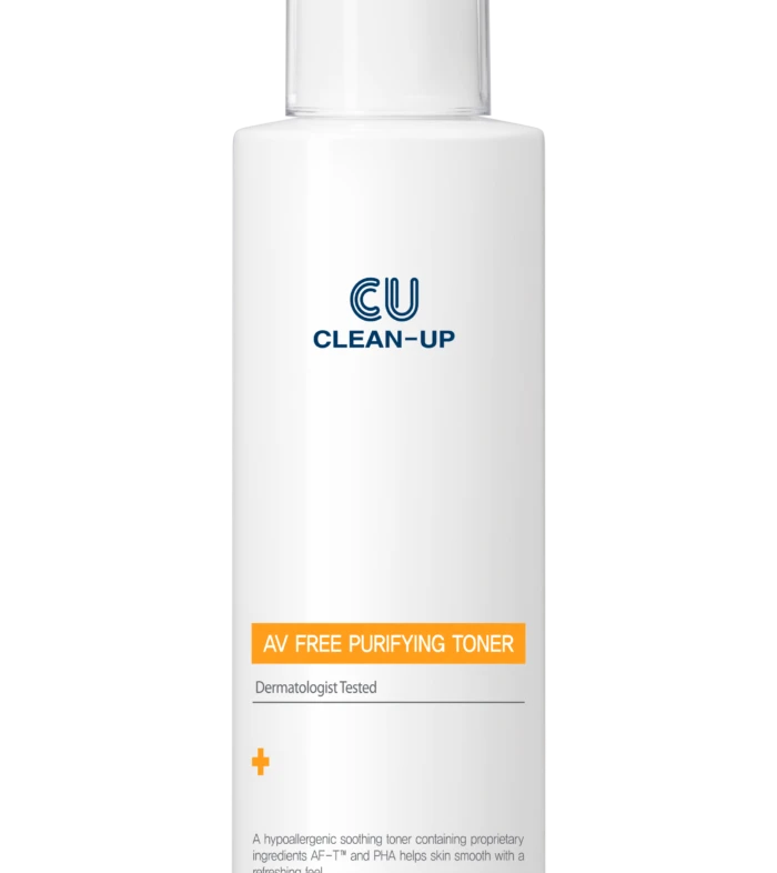 White pump bottle labeled CU Clean-Up AV Free Purifying Toner against a black background.