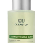Bottle of CU Clean-Up Calming Intensive Serum with a dropper cap, label reading 'Calming Intensive Serum' and 'Dermatologist Tested'