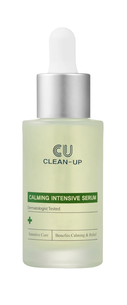 Bottle of CU Clean-Up Calming Intensive Serum with a dropper cap, label reading 'Calming Intensive Serum' and 'Dermatologist Tested'