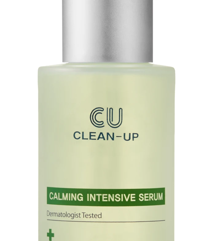 Bottle of CU Clean-Up Calming Intensive Serum with a dropper cap, label reading 'Calming Intensive Serum' and 'Dermatologist Tested'