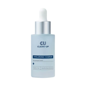 Light blue bottle of Hyaluronic 15 Serum with dropper, labeled CU Clean-Up, on white background.