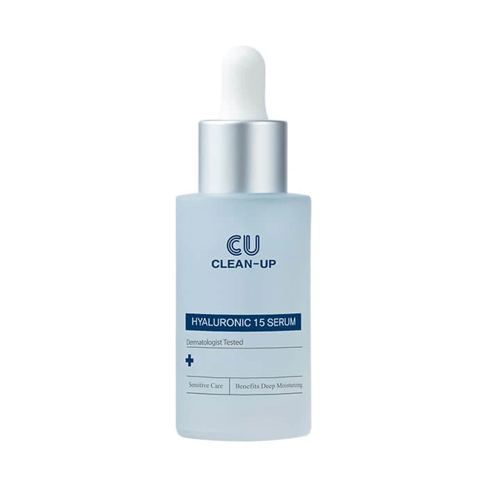 Light blue bottle of Hyaluronic 15 Serum with dropper, labeled CU Clean-Up, on white background.