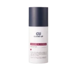 White cosmetic bottle with a dark cap, labeled 'CLEAN-UP' and 'ENRICHED OIL IN SERUM' (skin serum product). Noting a tall, slender pump bottle.