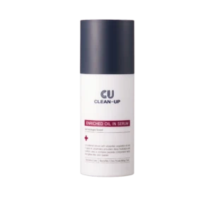 White cosmetic bottle with a dark cap, labeled 'CLEAN-UP' and 'ENRICHED OIL IN SERUM' (skin serum product). Noting a tall, slender pump bottle.