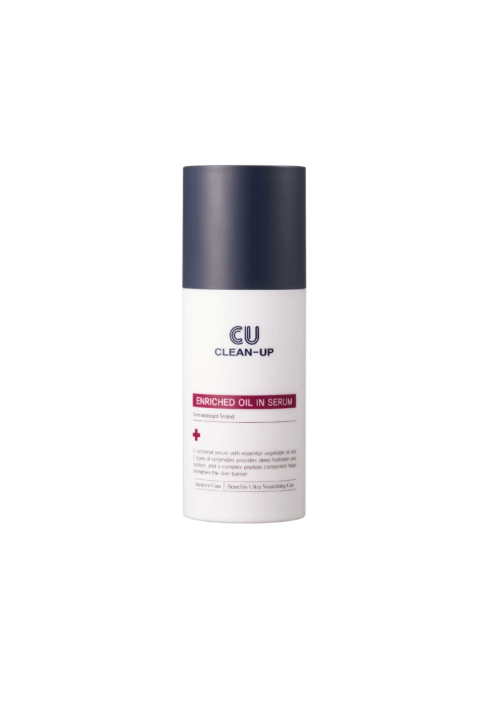 White cosmetic bottle with a dark cap, labeled 'CLEAN-UP' and 'ENRICHED OIL IN SERUM' (skin serum product). Noting a tall, slender pump bottle.