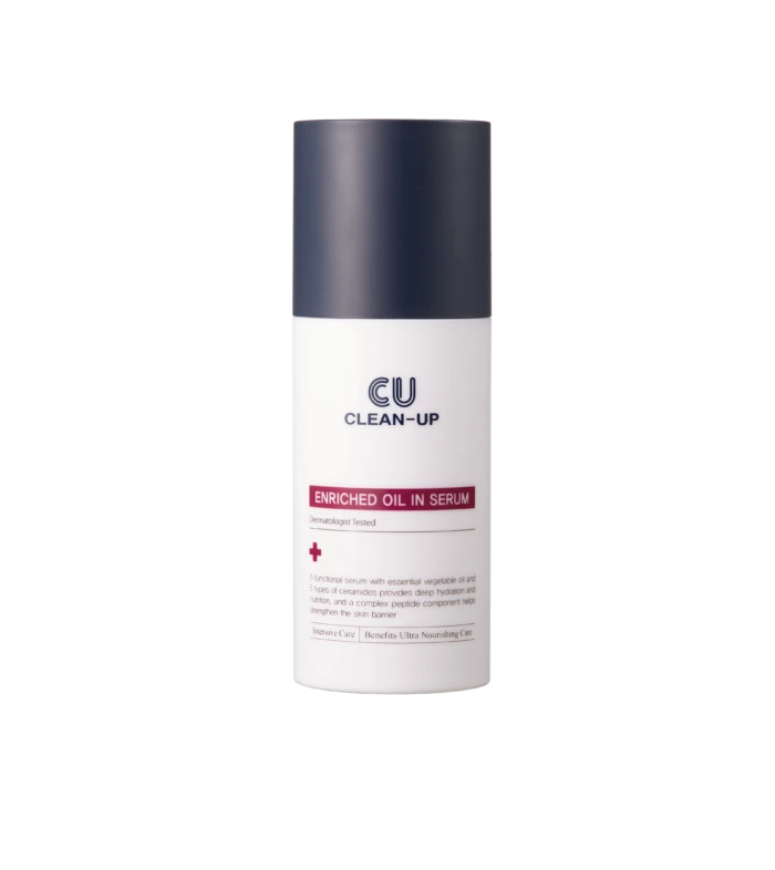 White cosmetic bottle with a dark cap, labeled 'CLEAN-UP' and 'ENRICHED OIL IN SERUM' (skin serum product). Noting a tall, slender pump bottle.