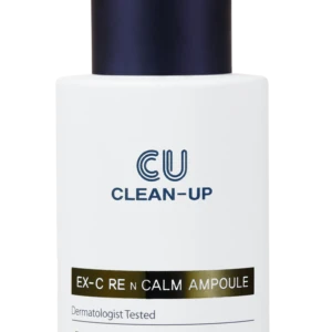 White cosmetic bottle with a dark blue dropper cap labeled 'EU CLEAN-UP' and a gold-accented band reading 'EX-C REM CALM AMPOULE' suggesting a skincare serum bottle designed for intensive care and rejuvenation, photographed against a white background.