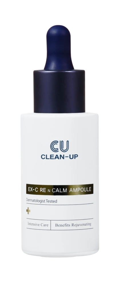 White cosmetic bottle with a dark blue dropper cap labeled 'EU CLEAN-UP' and a gold-accented band reading 'EX-C REM CALM AMPOULE' suggesting a skincare serum bottle designed for intensive care and rejuvenation, photographed against a white background.