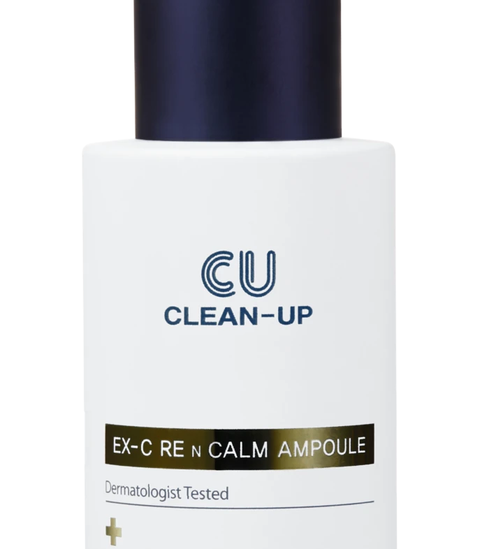 White cosmetic bottle with a dark blue dropper cap labeled 'EU CLEAN-UP' and a gold-accented band reading 'EX-C REM CALM AMPOULE' suggesting a skincare serum bottle designed for intensive care and rejuvenation, photographed against a white background.
