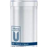 Clear glass cosmetic bottle with a silver pump, labeled 'Vitamin U Serum' and a blue wave accent, 60 ml