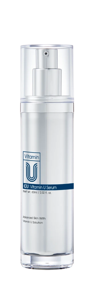 Clear glass cosmetic bottle with a silver pump, labeled 'Vitamin U Serum' and a blue wave accent, 60 ml
