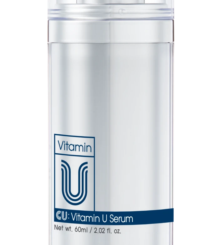 Clear glass cosmetic bottle with a silver pump, labeled 'Vitamin U Serum' and a blue wave accent, 60 ml