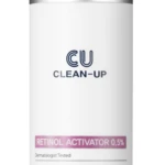 White cylindrical skincare bottle with dark blue cap, CU Clean-Up branding and 'Retinol Activator 0.5%' label on white background.