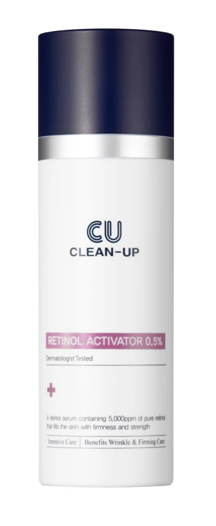 White cylindrical skincare bottle with dark blue cap, CU Clean-Up branding and 'Retinol Activator 0.5%' label on white background.