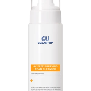 White pump bottle of AV Free Purifying Foam Cleanser with orange label reading 'AV Free Purifying Foam Cleanser' and blue 'CU CLEAN-UP' logo on the front.