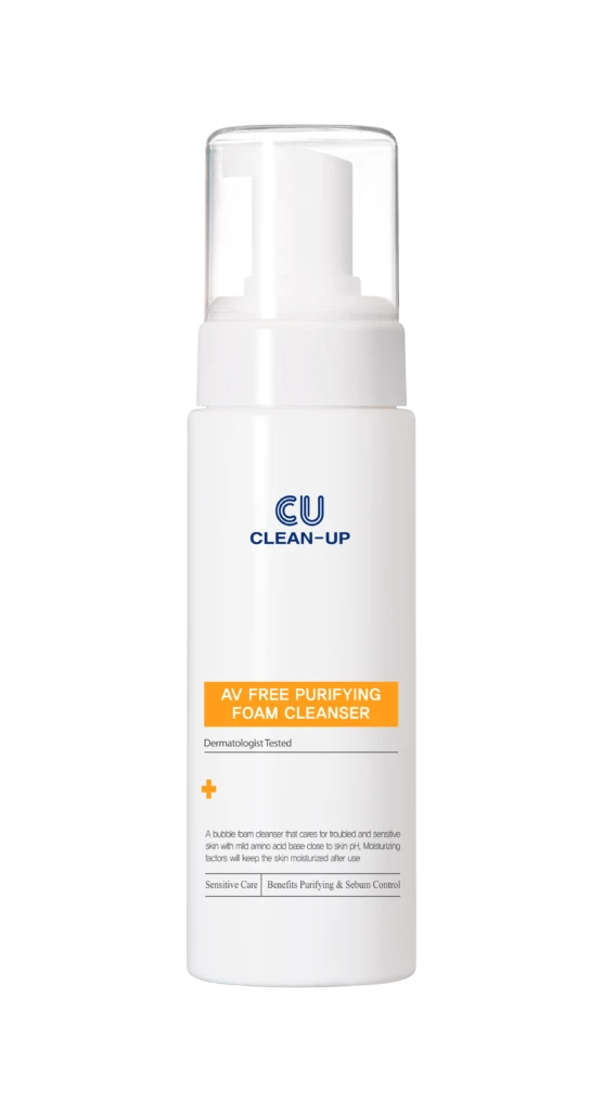 White pump bottle of AV Free Purifying Foam Cleanser with orange label reading 'AV Free Purifying Foam Cleanser' and blue 'CU CLEAN-UP' logo on the front.