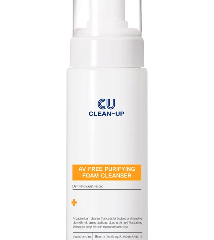 White pump bottle of AV Free Purifying Foam Cleanser with orange label reading 'AV Free Purifying Foam Cleanser' and blue 'CU CLEAN-UP' logo on the front.