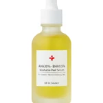 Yellow exfoliating peel serum bottle with dropper cap and label reading AHA30% BHA0.5% Washable Peel Serum on white background.