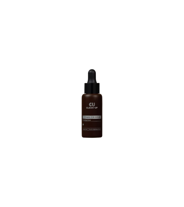 Brown glass dropper bottle of Vitamin C 30 Serum centered on a black background, labeled and ready for use.