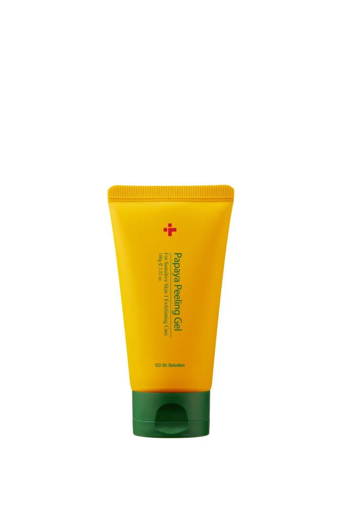 Yellow squeeze tube of Papaya Peeling Gel with a green cap, standing upright against a white background.