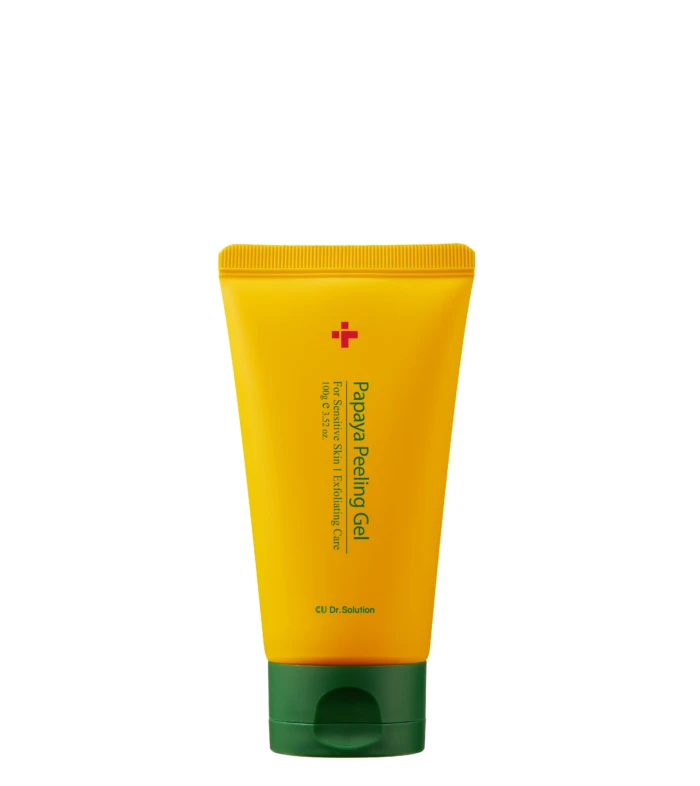 Yellow squeeze tube of Papaya Peeling Gel with a green cap, standing upright against a white background.