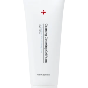 White tube of cleansing gel foam with red cross logo; label reads 'Cleansing Gel Foam' and 'For Sensitive Skin' on black background.