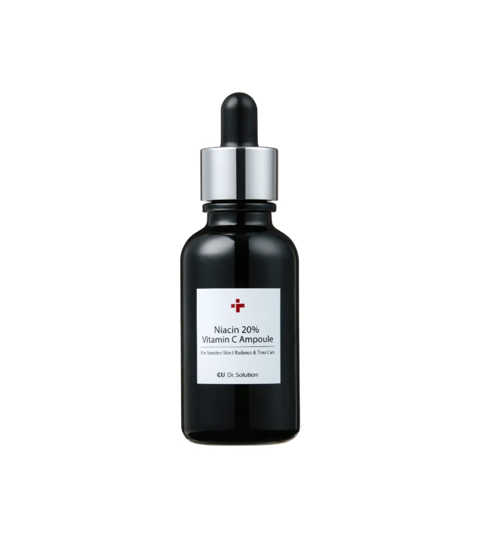 Close-up of a dark glass serum bottle neck with a dropper-cap and silver collar; label reads Niacin 20% Vitamin C Ampoule (cosmetic serum)