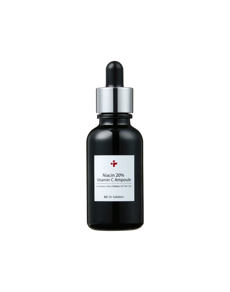 Close-up of a dark glass serum bottle neck with a dropper-cap and silver collar; label reads Niacin 20% Vitamin C Ampoule (cosmetic serum)